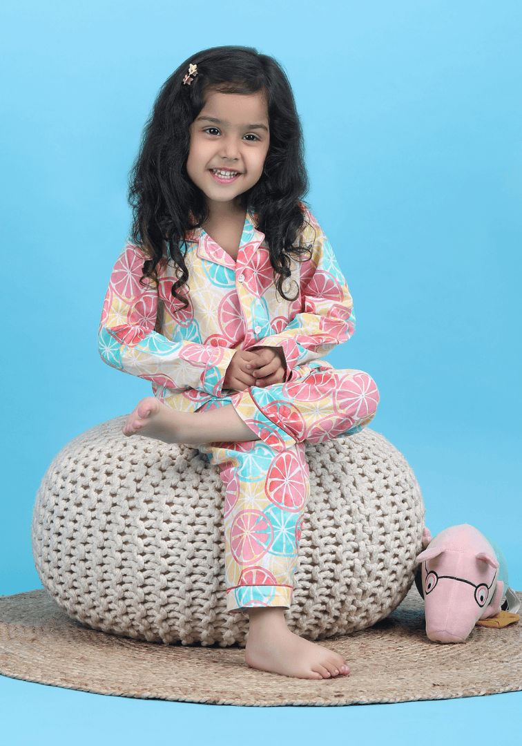 Polka Tots Full sleeves Lemon print Night Suit - Multicolor