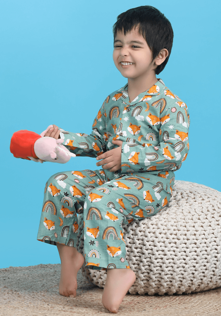 Polka Tots Full sleeves Fox print Night Suit - Green