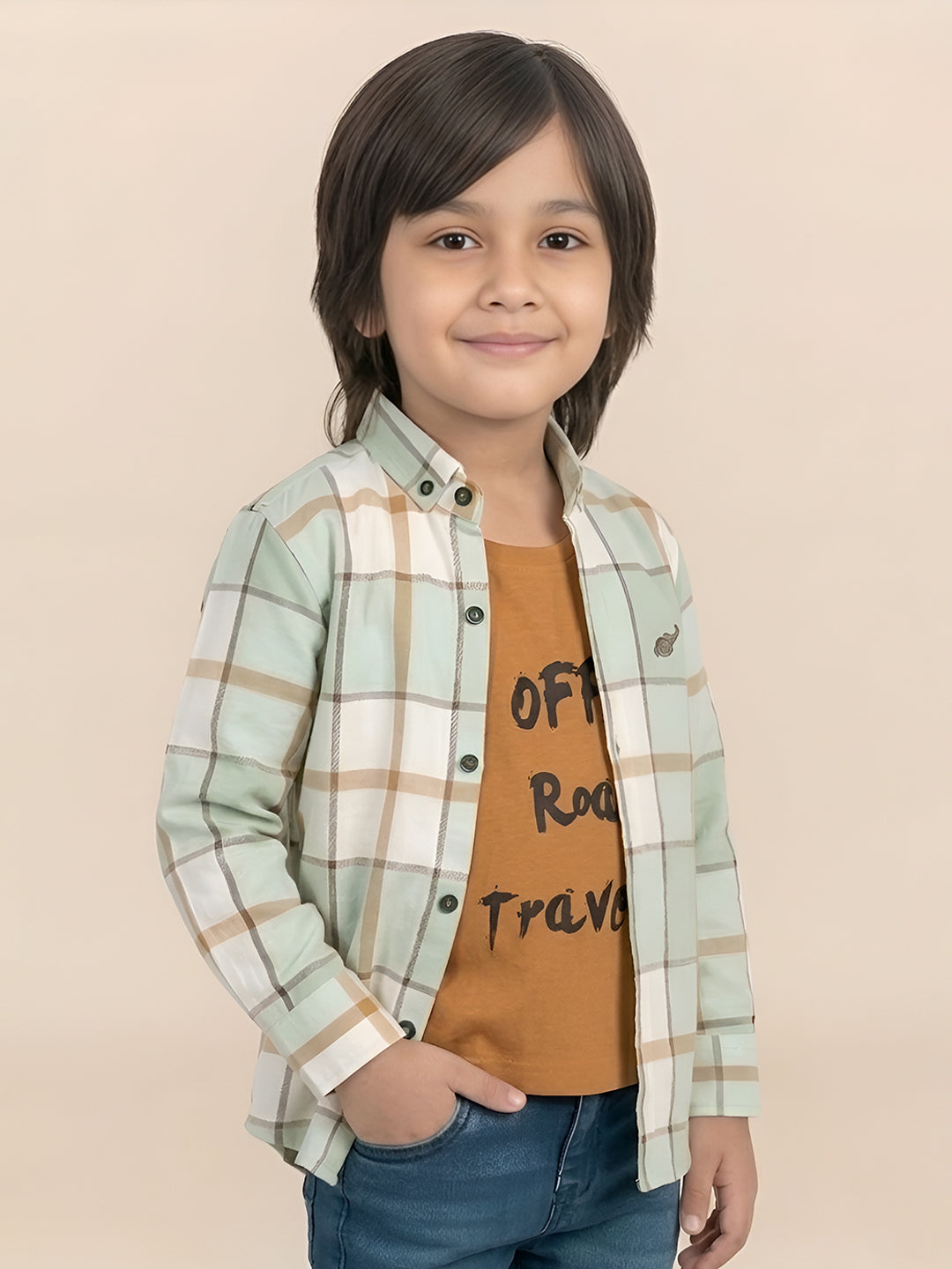Polka Tots Full Sleeves Off Road Traveller Checks print Tshirt shirt - Green