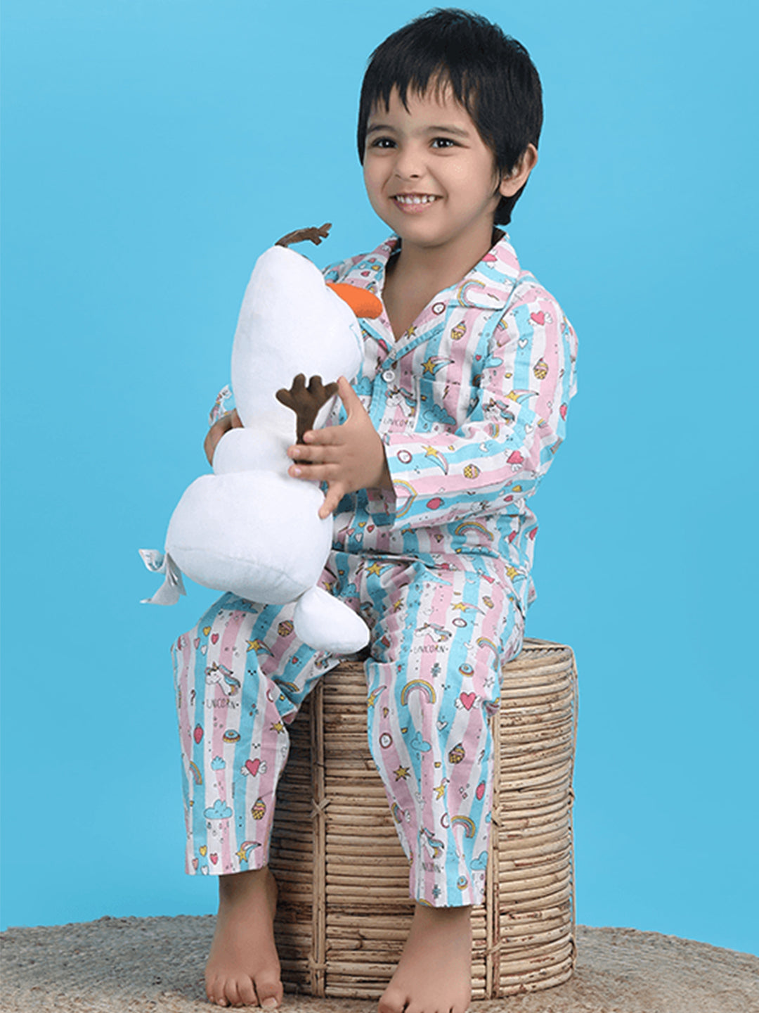 Polka Tots Full sleeves Unicorn print Stripes Night suit - Pink