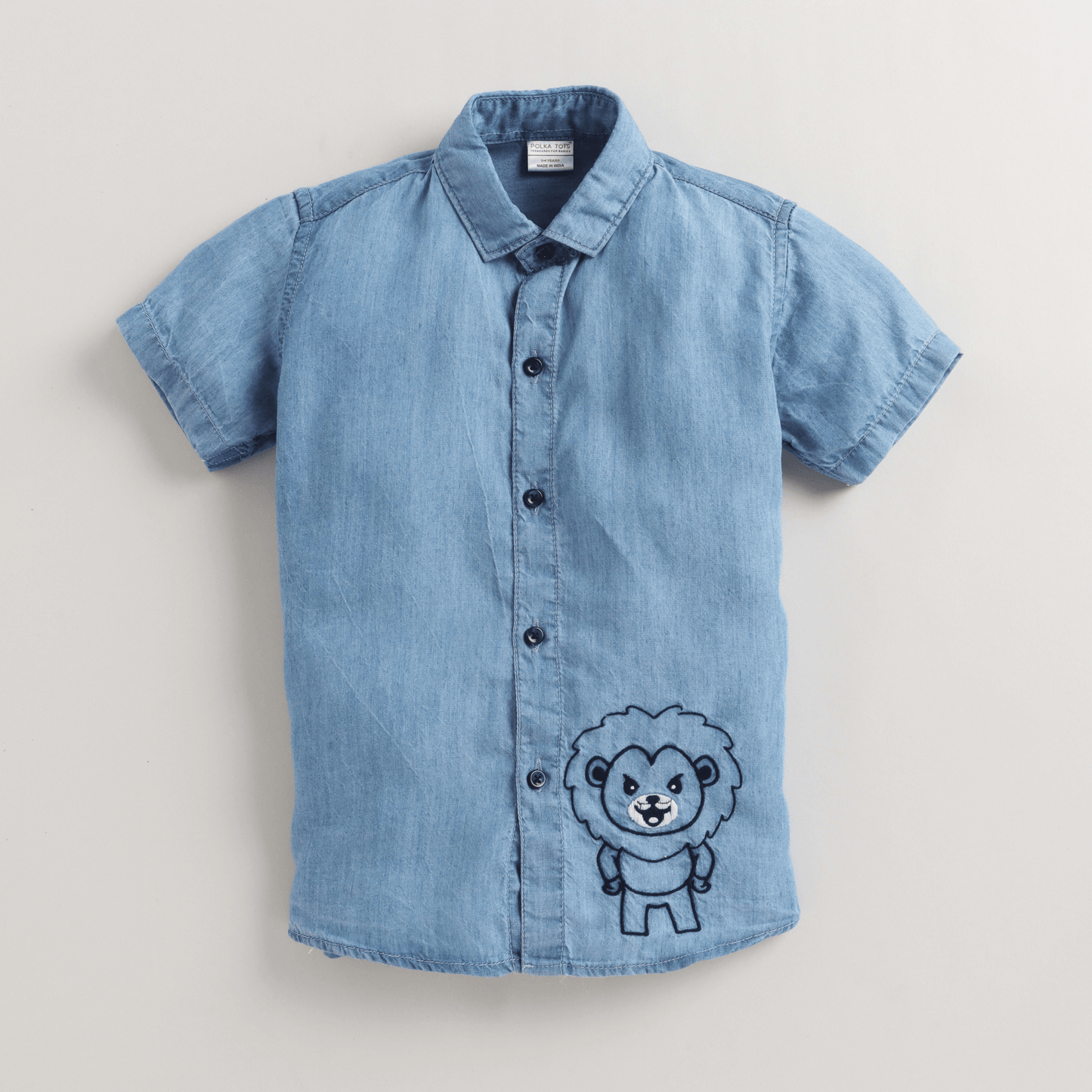 Polka Tots Denim Half Sleeves Lion Patch Shirt - Blue