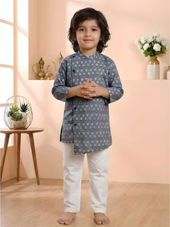 Polka Tots Cotton Full Sleeve Geometric Print Ethnic Kurta Pyjama Set - Grey