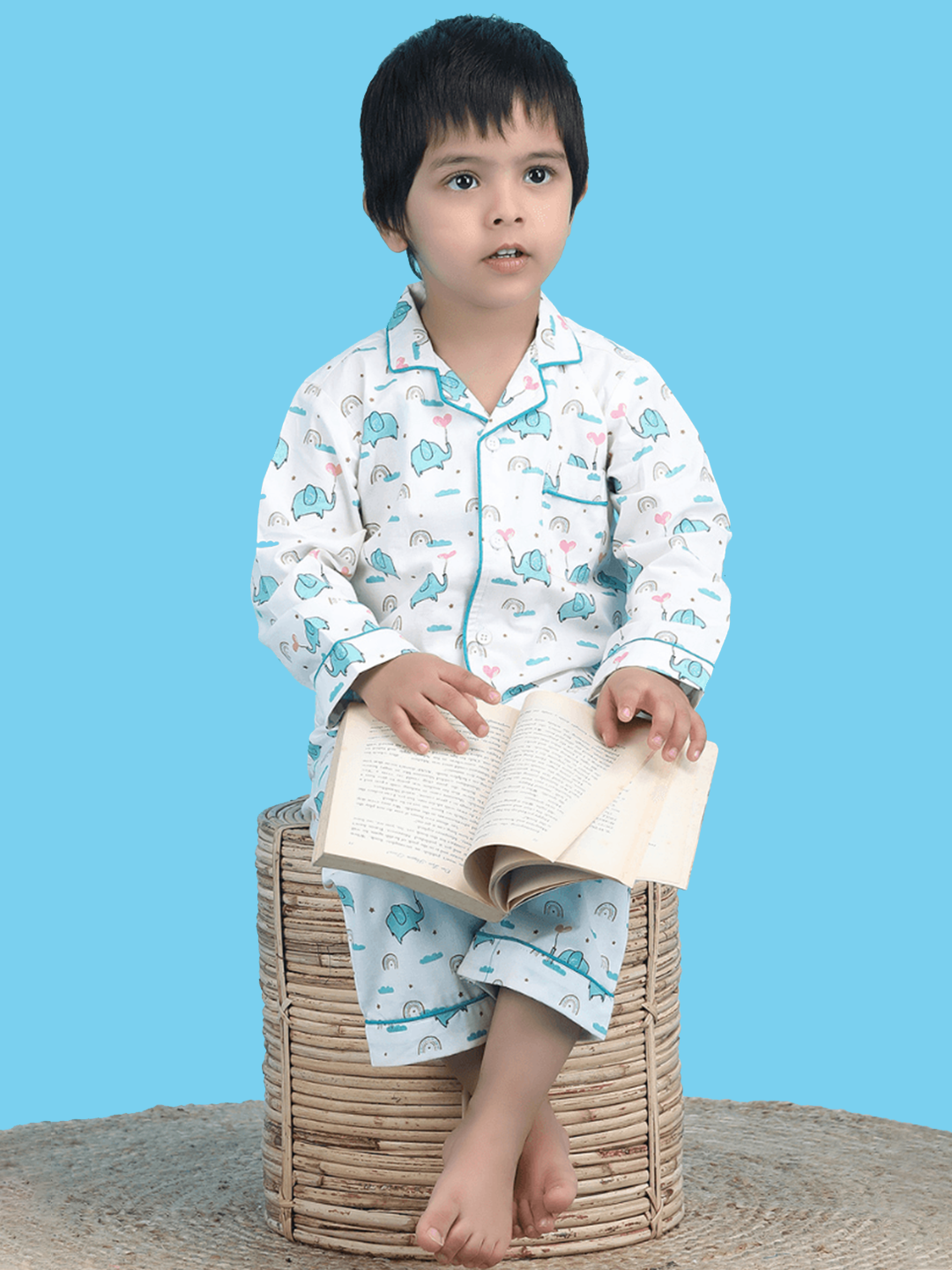 Polka Tots Full sleeve Elephant print Night suit - White