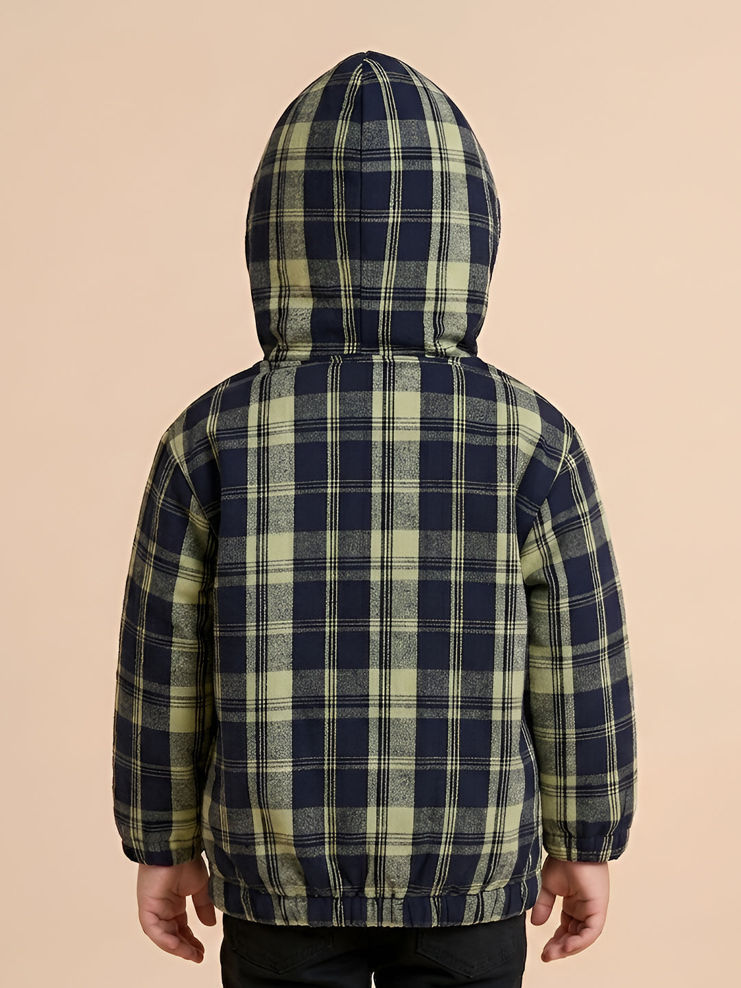 Polka Tots Kids Full Sleeves Checked Hoodie Shirt - Black and Green