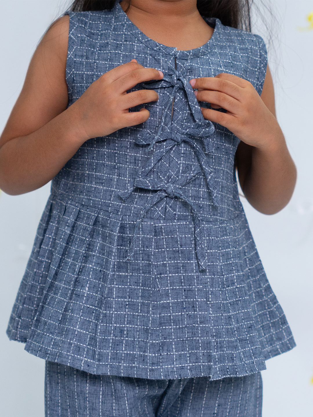 Polka Tots Sleeveless Statement Bow Girls top & Bottom Set- Blue