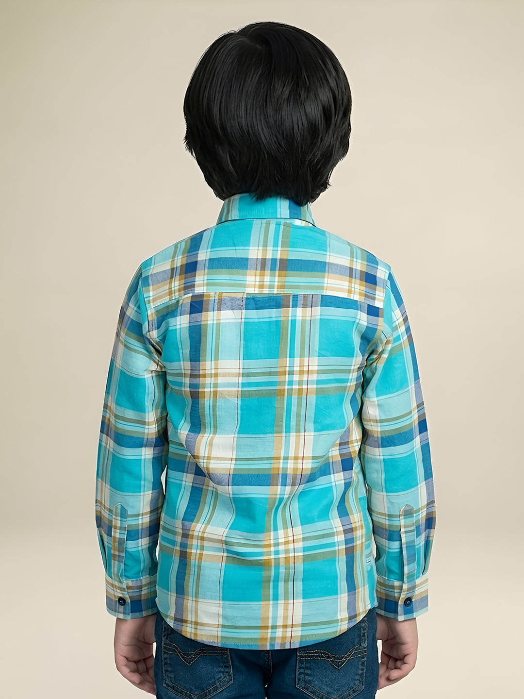 Polka Tots Full Sleeves Moms Little Love print Checks Shirt - Turquoise