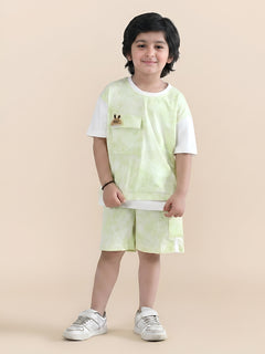 Polka Tots Half Sleeves Tie-Dye T-Shirt Shorts with Pocket Detail - Green