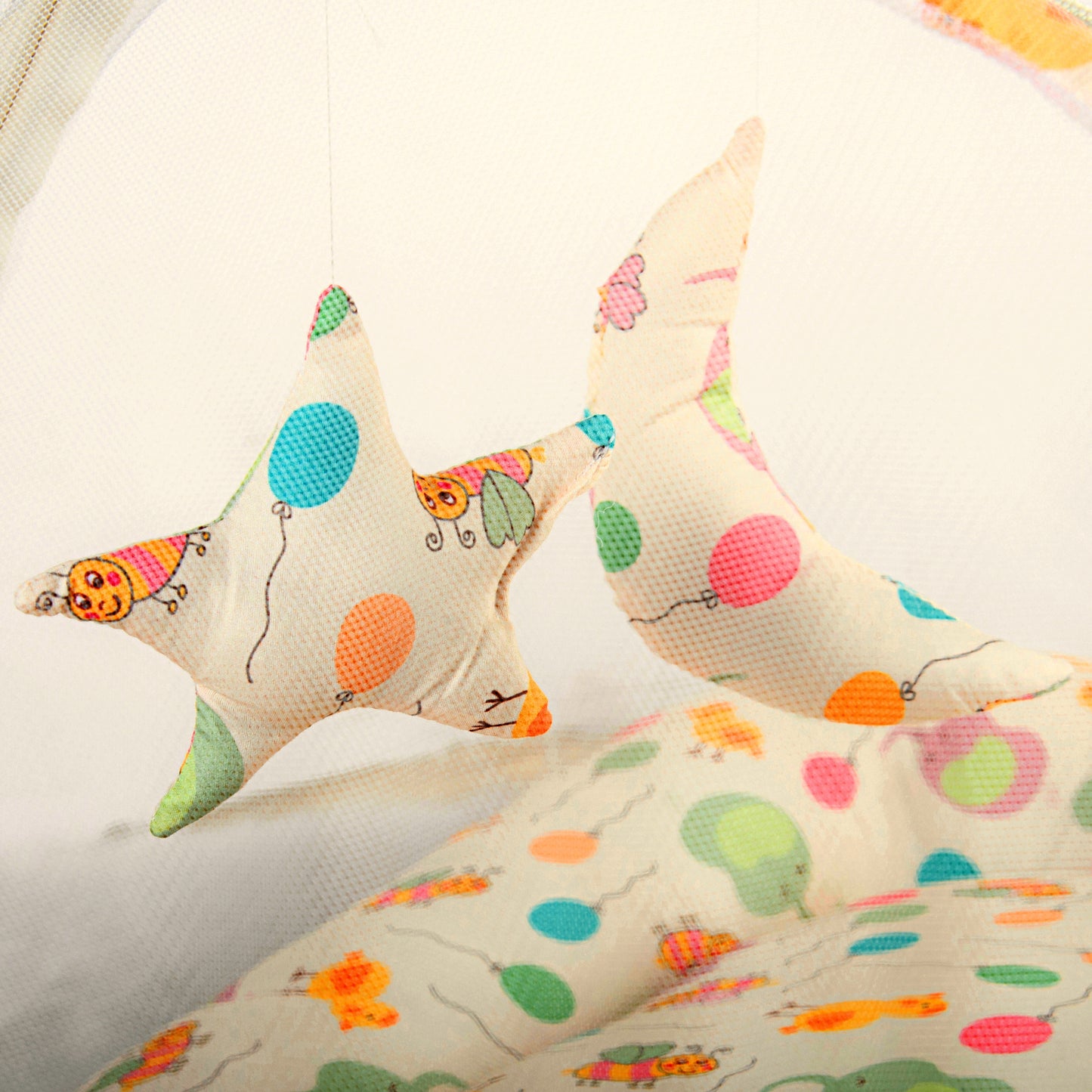 Polka Tots Cotton Baby Bedding Mosquito Net Set with Dangling Toys - Balloon Print Yellow
