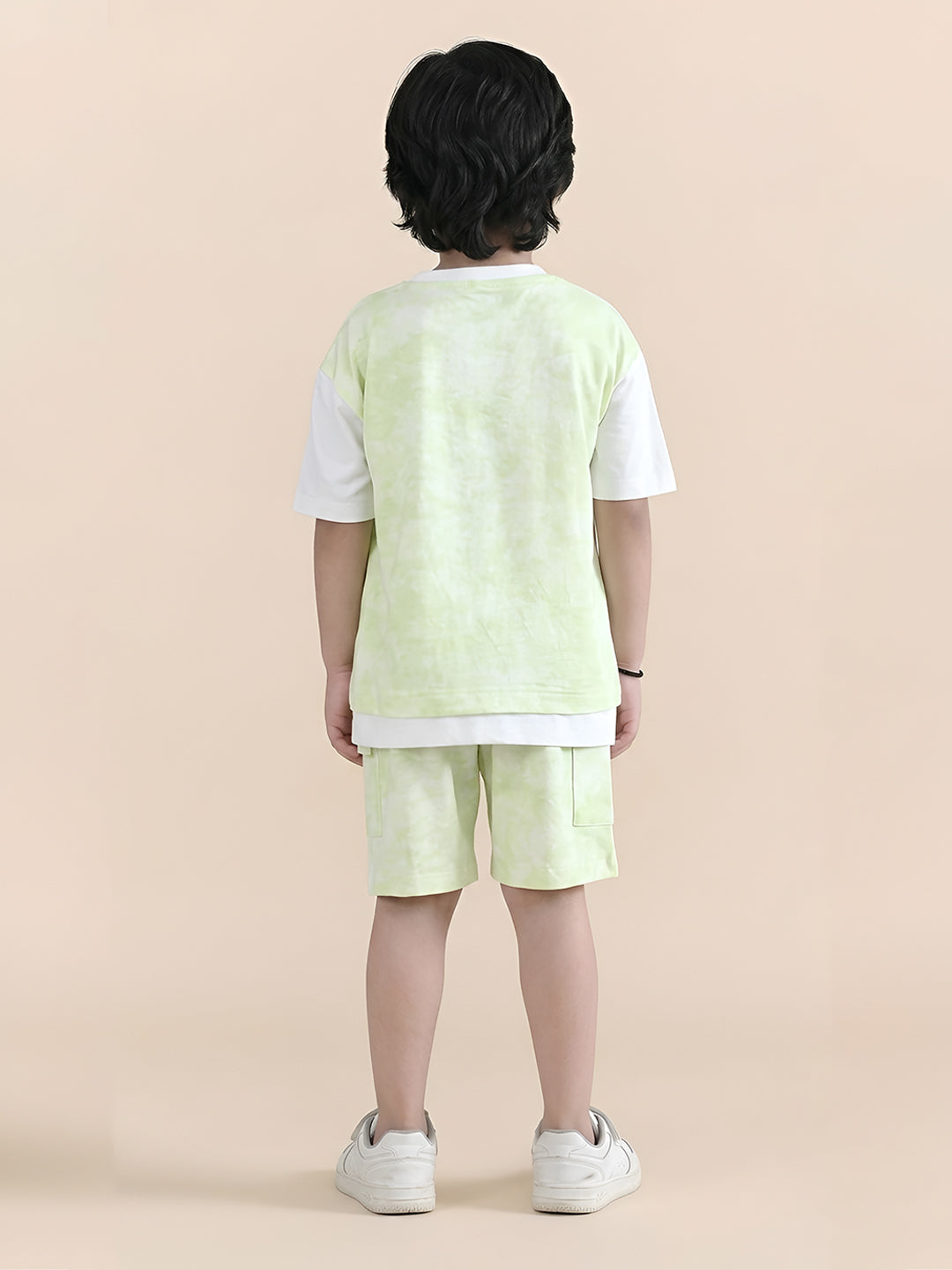 Polka Tots Half Sleeves Tie-Dye T-Shirt Shorts with Pocket Detail - Green