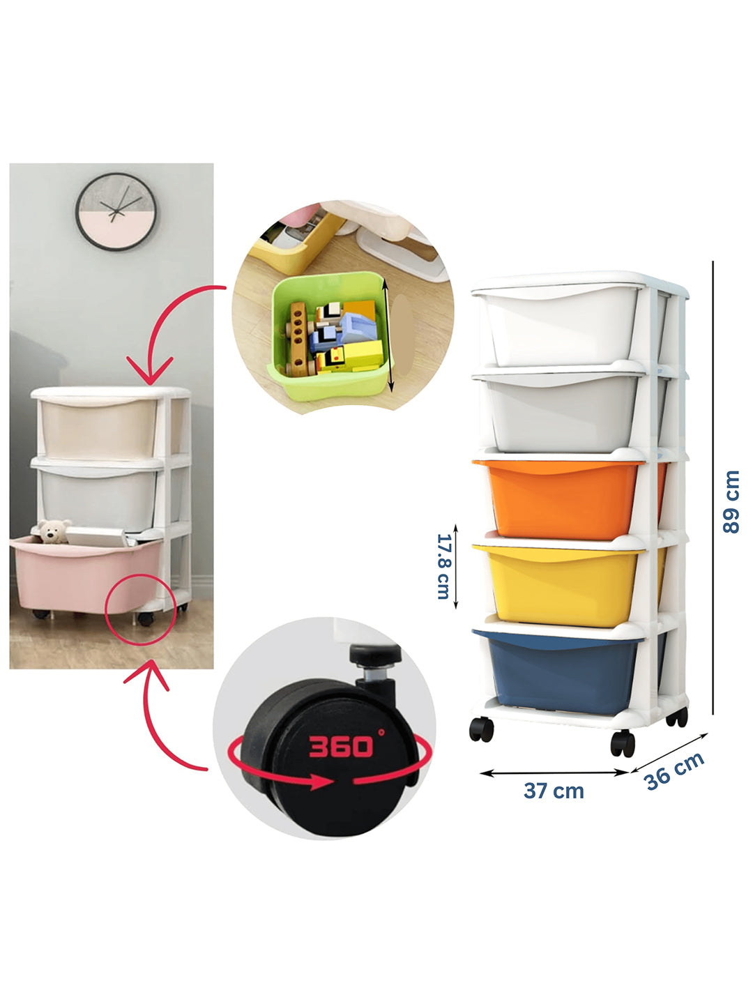 Multicolored storage bins with wheels on a white background