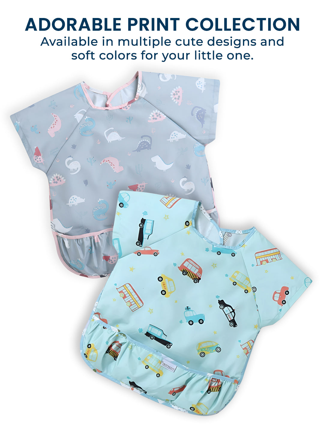 POLKA TOTS Half Sleeve Baby Bibs for Toddlers Feeding Apron with Pocket Washable/Reusable Baby Drooling Apron (Car Design)
