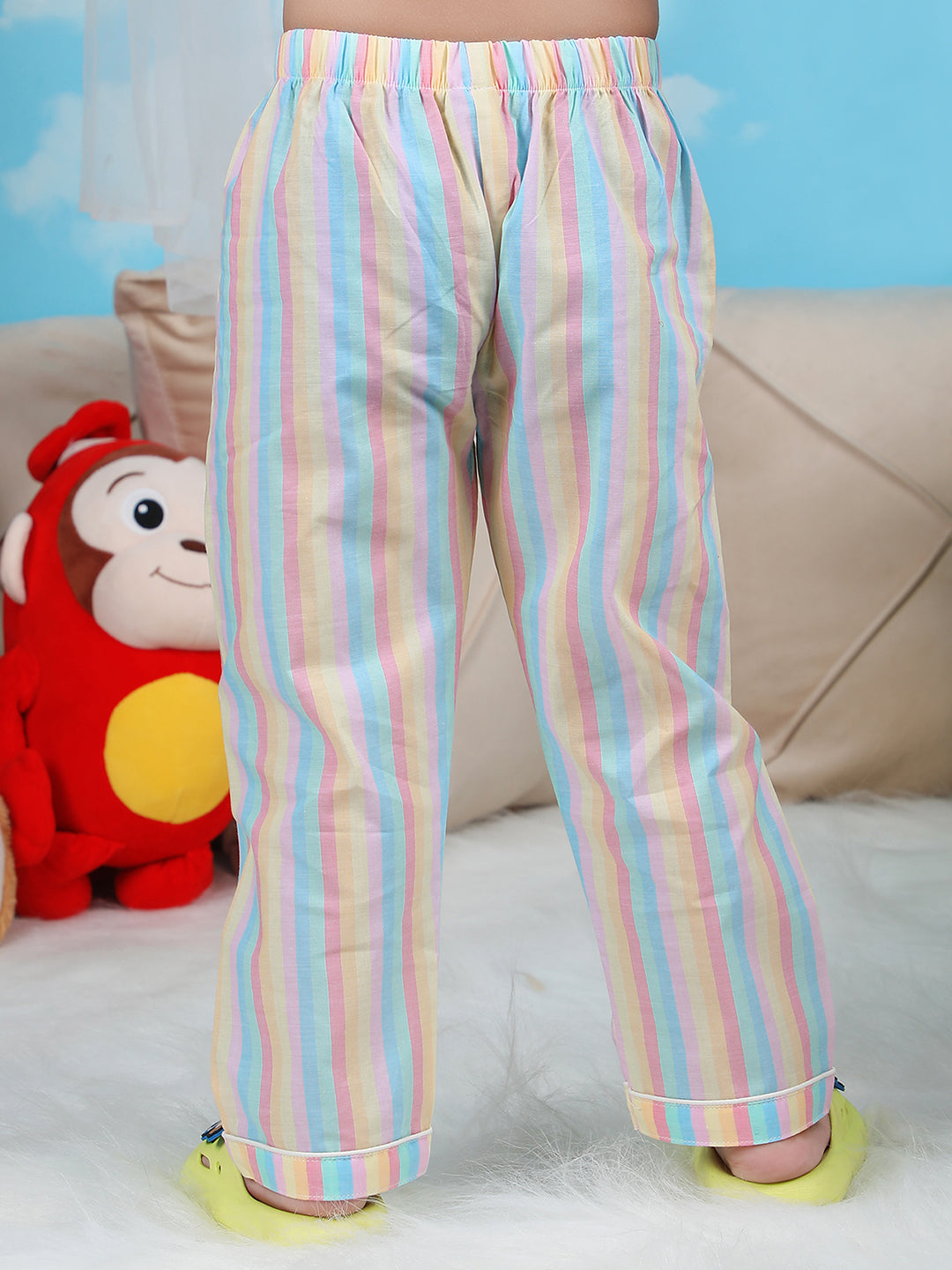 Polka Tots Half sleeves Stripes print Night Suit - Yellow/Blue