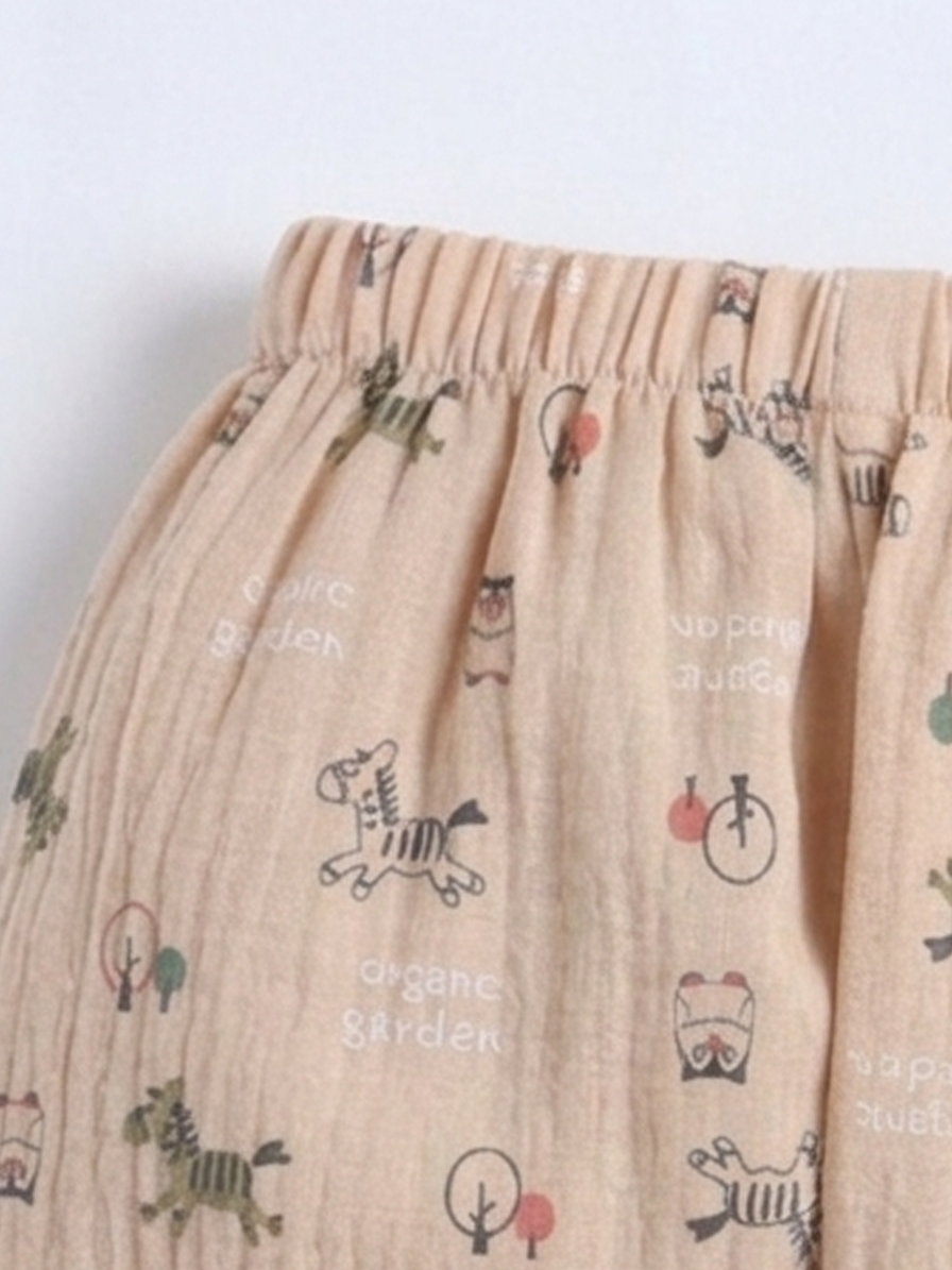 Polka Tots Wrinkled Muslin Cotton Doodle Print Kediya Jhabla & Pant Set - Brown