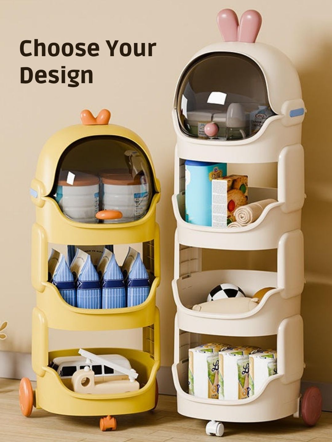 Polka Tots QuackStack Kids Storage Drawer Rack 4-Tier Toy, Book & Clothes Organizer with Wheels - Yellow