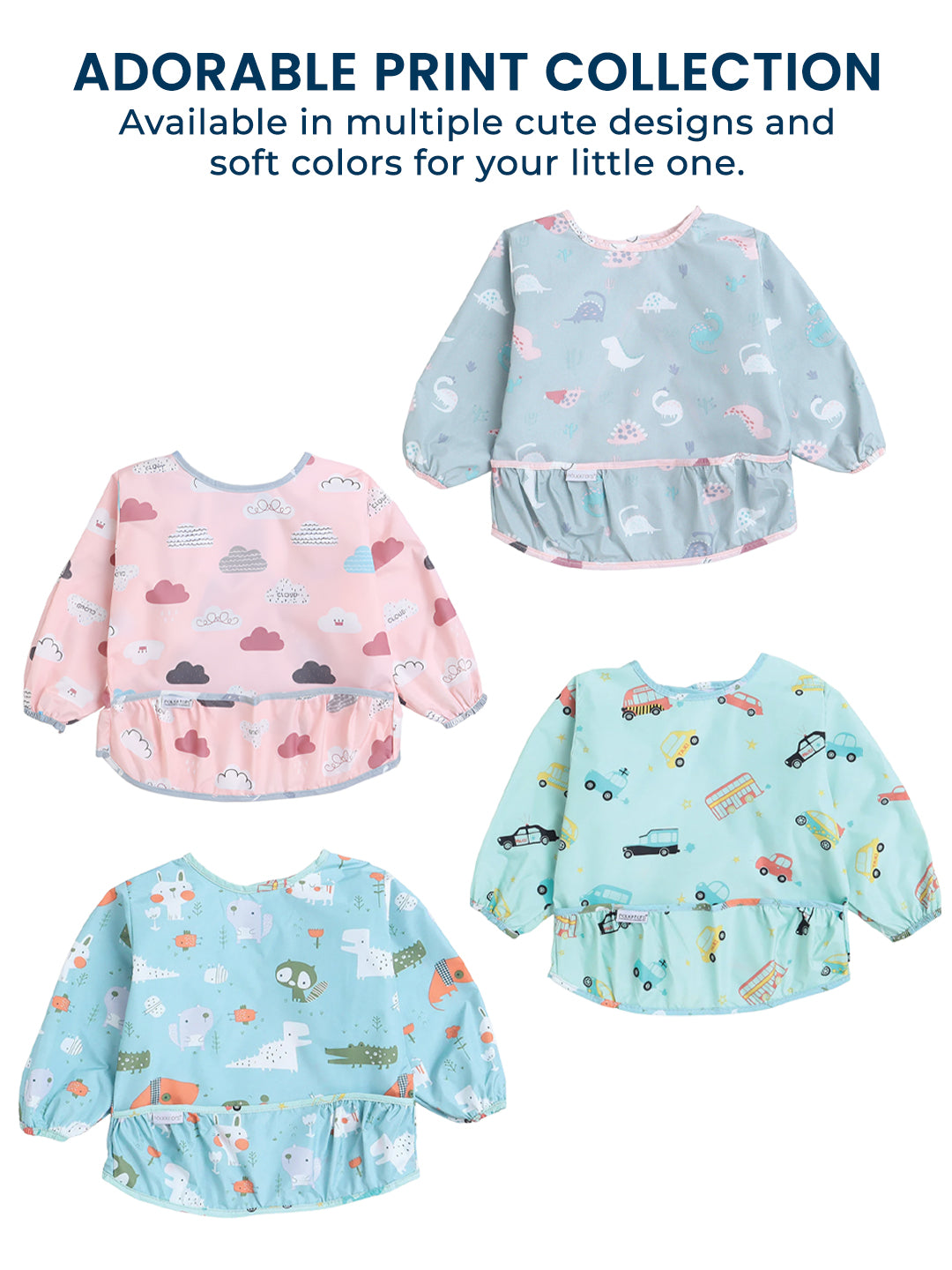 Set of four children's bibs with different prints on a white background