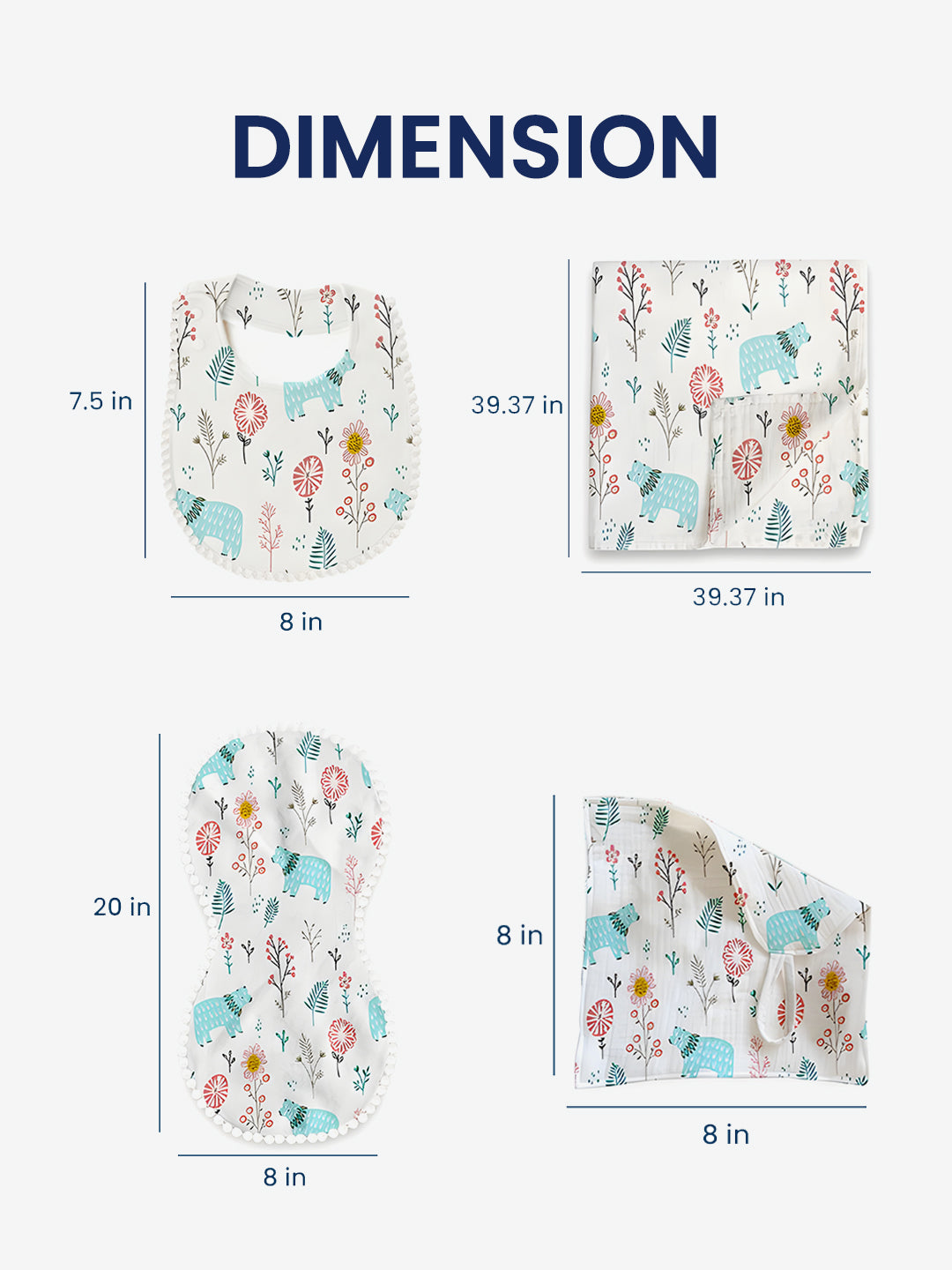 Polka Tots Newborn Pack of 5 100% Soft Double-Layer Muslin Cotton Essentials Gift Box – Bloomy Bear Print