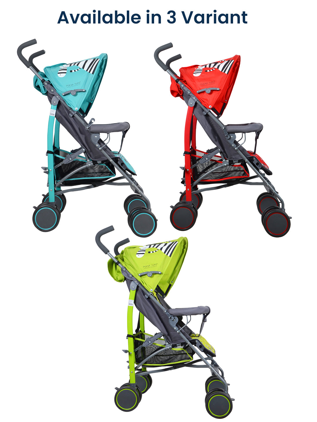 Three baby strollers in different colors on a white background with text indicating variants.
