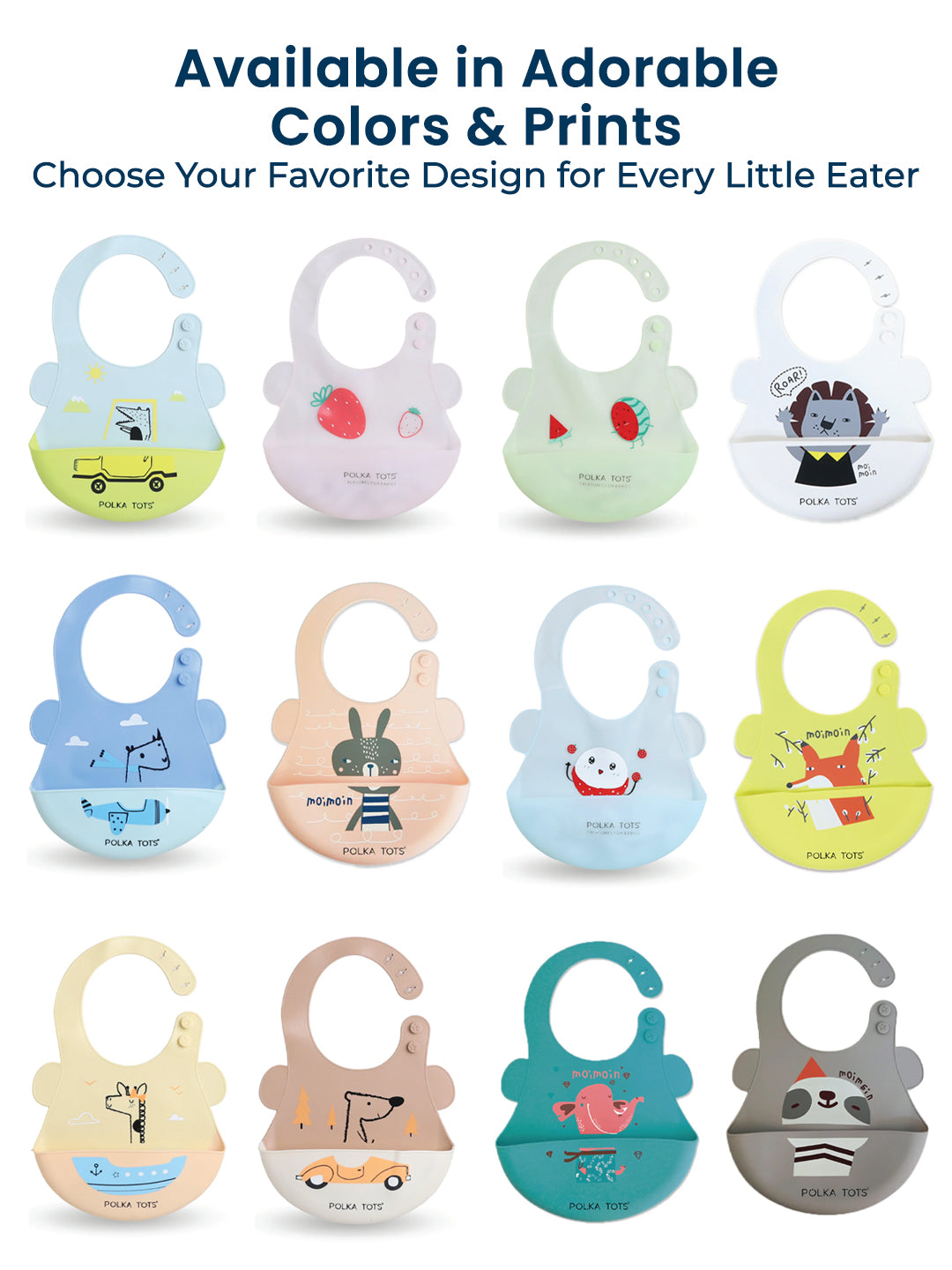 Collection of colorful baby bibs with various designs on a white background