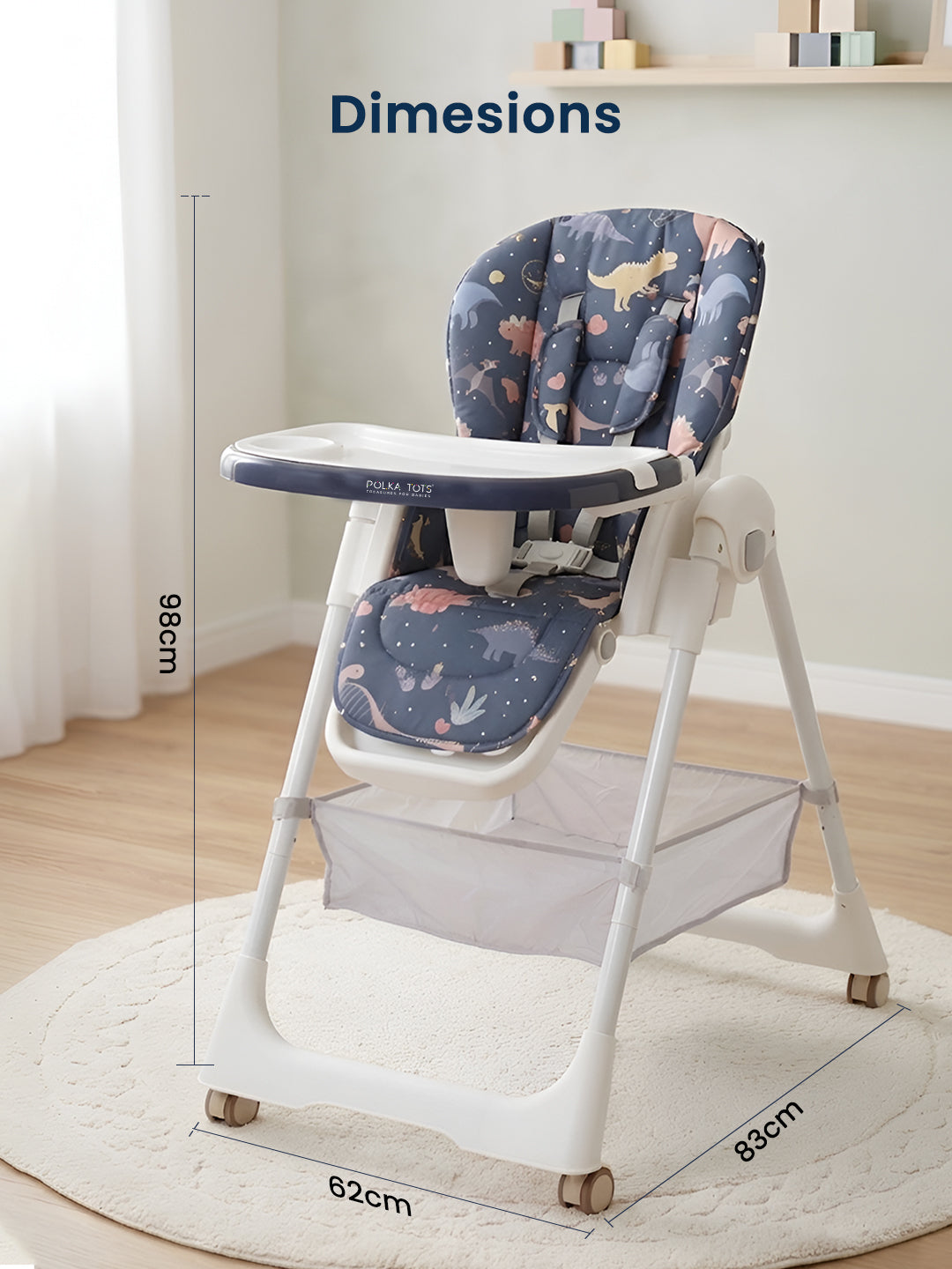 Polka Tots Twist n’ Taste 3 in 1 Convertible Dino Design High Chair - (Blue)