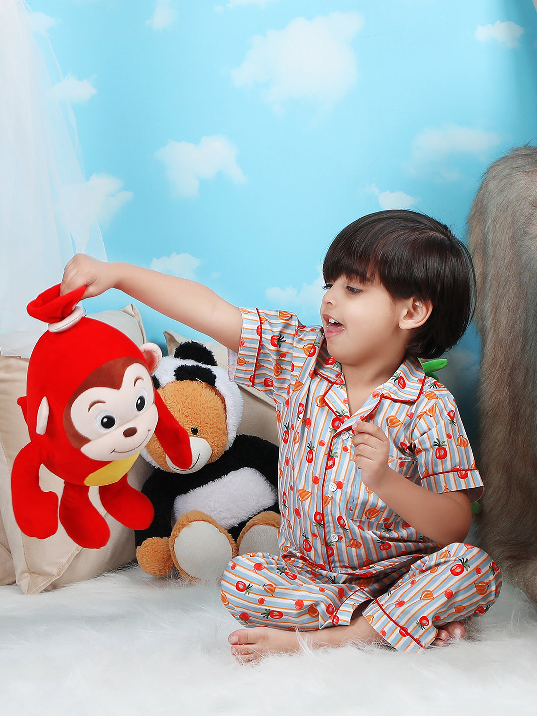 Polka Tots Half sleeves Stripes Fruit print Night Suit - Multicolor