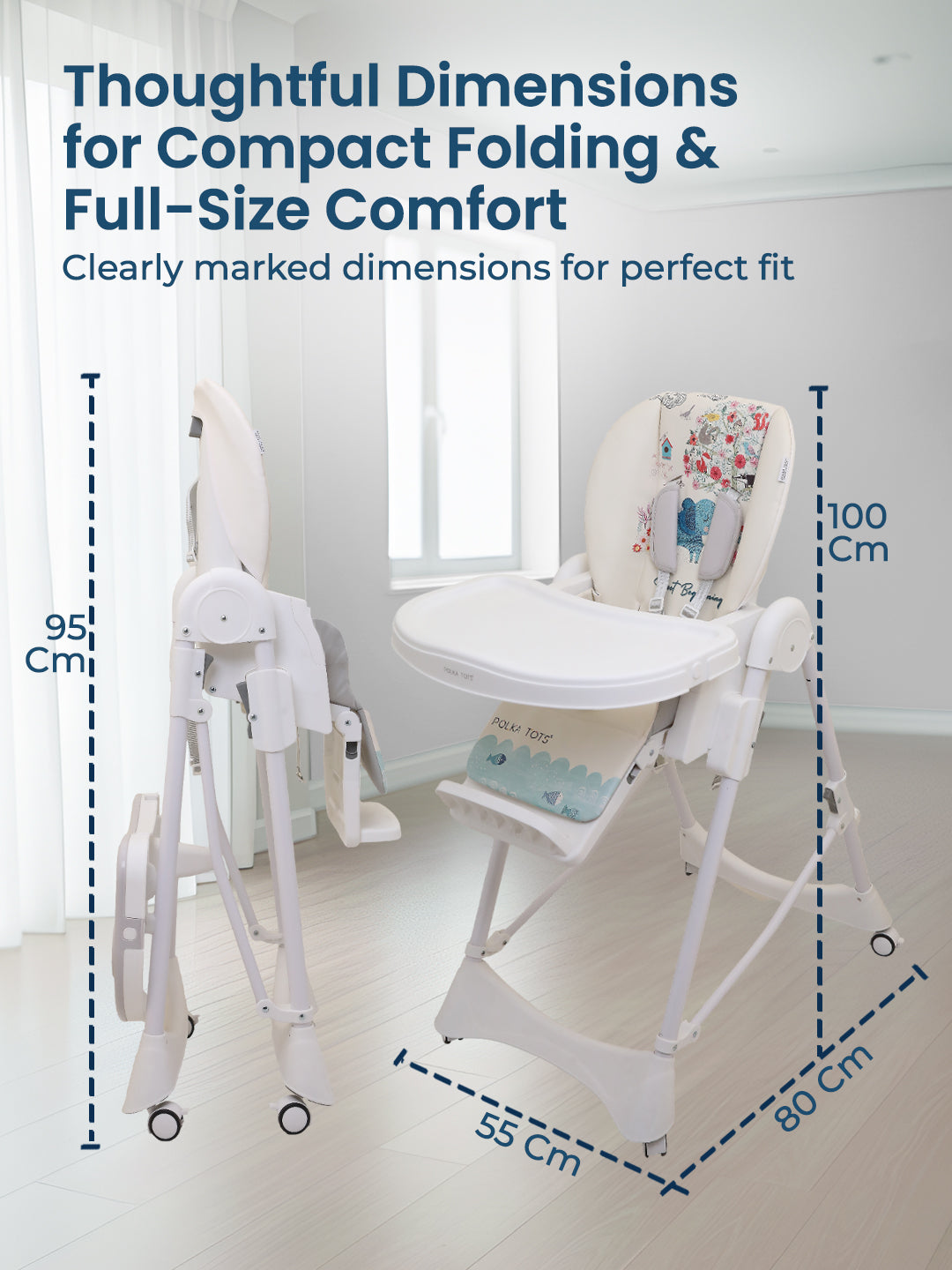 White high chair with dimensions marked on a white background