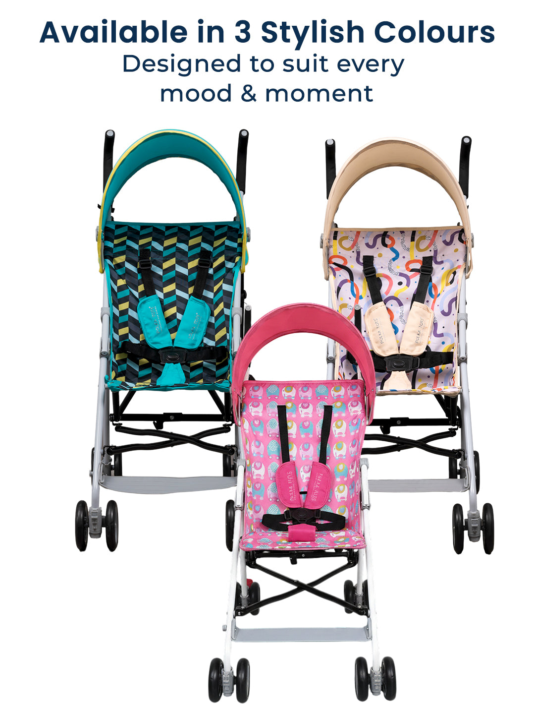 Three colorful strollers with patterns, text about color options and design versatility.