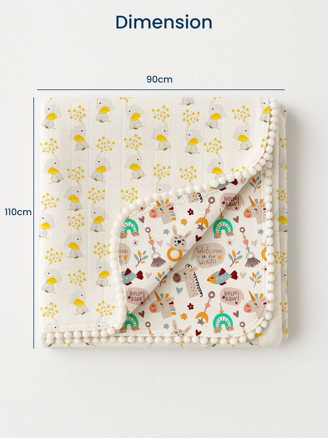 Polka Tots 100% Soft Muslin Cotton 3-Layer Reversible Baby Blanket/Dohar with Pom-Pom Lace - Jumbo Jr. & Hello Baby Print