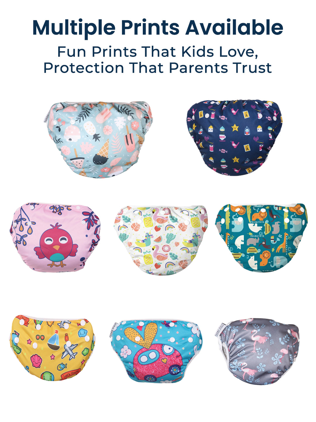Colorful children's swim diapers with various patterns on a white background.