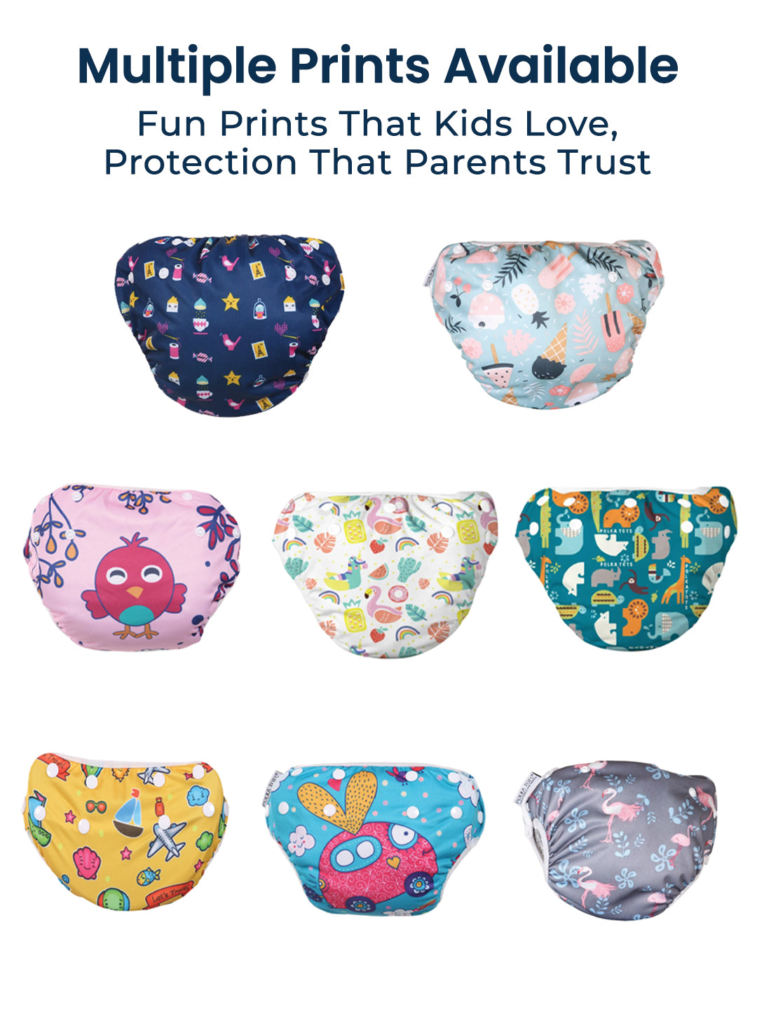 Colorful patterned diaper covers with text about multiple print options and trust.