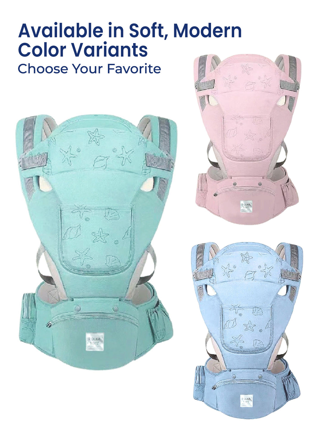 Three baby carriers in teal, pink, and blue with star patterns on a white background.