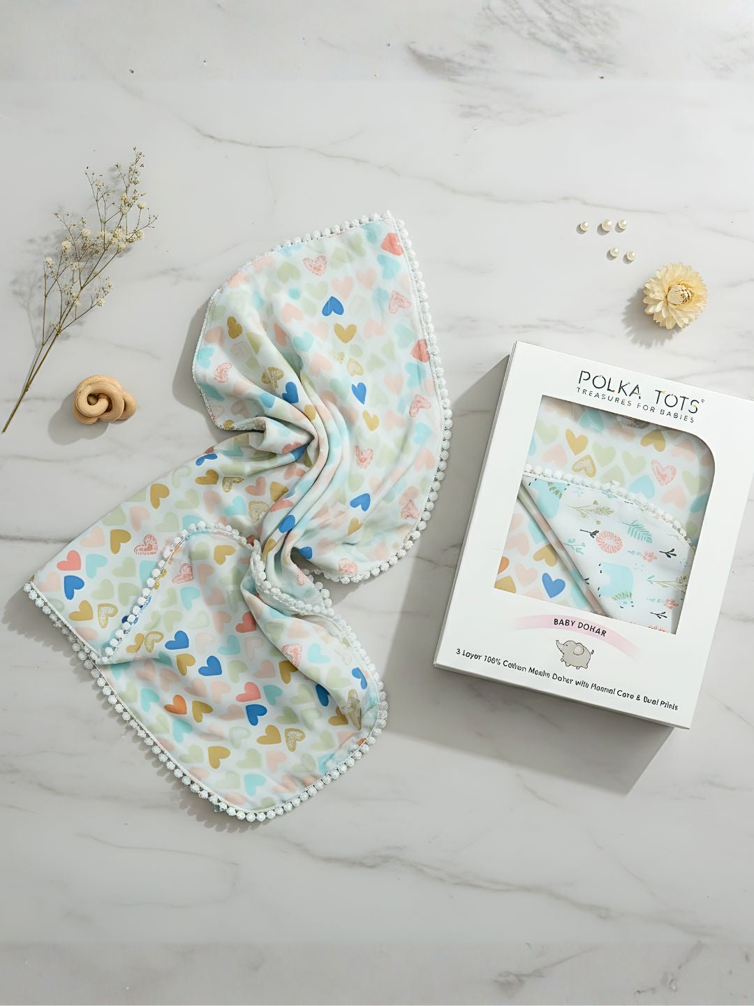 Polka Tots 100% Soft Muslin Cotton 3-Layer Reversible Baby Blanket/Dohar with Pom-Pom Lace - Mini Hearts & Bloomy Bear Print