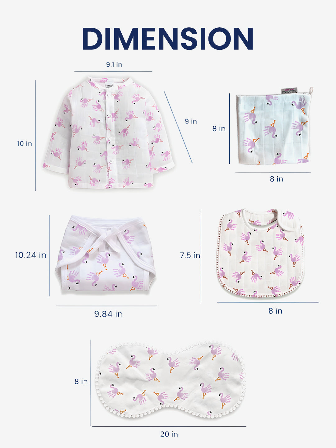 Polka Tots Newborn Pack of 6 100% Soft Double-Layer Muslin Cotton Essentials Gift Box - Flamingo Fingers Print