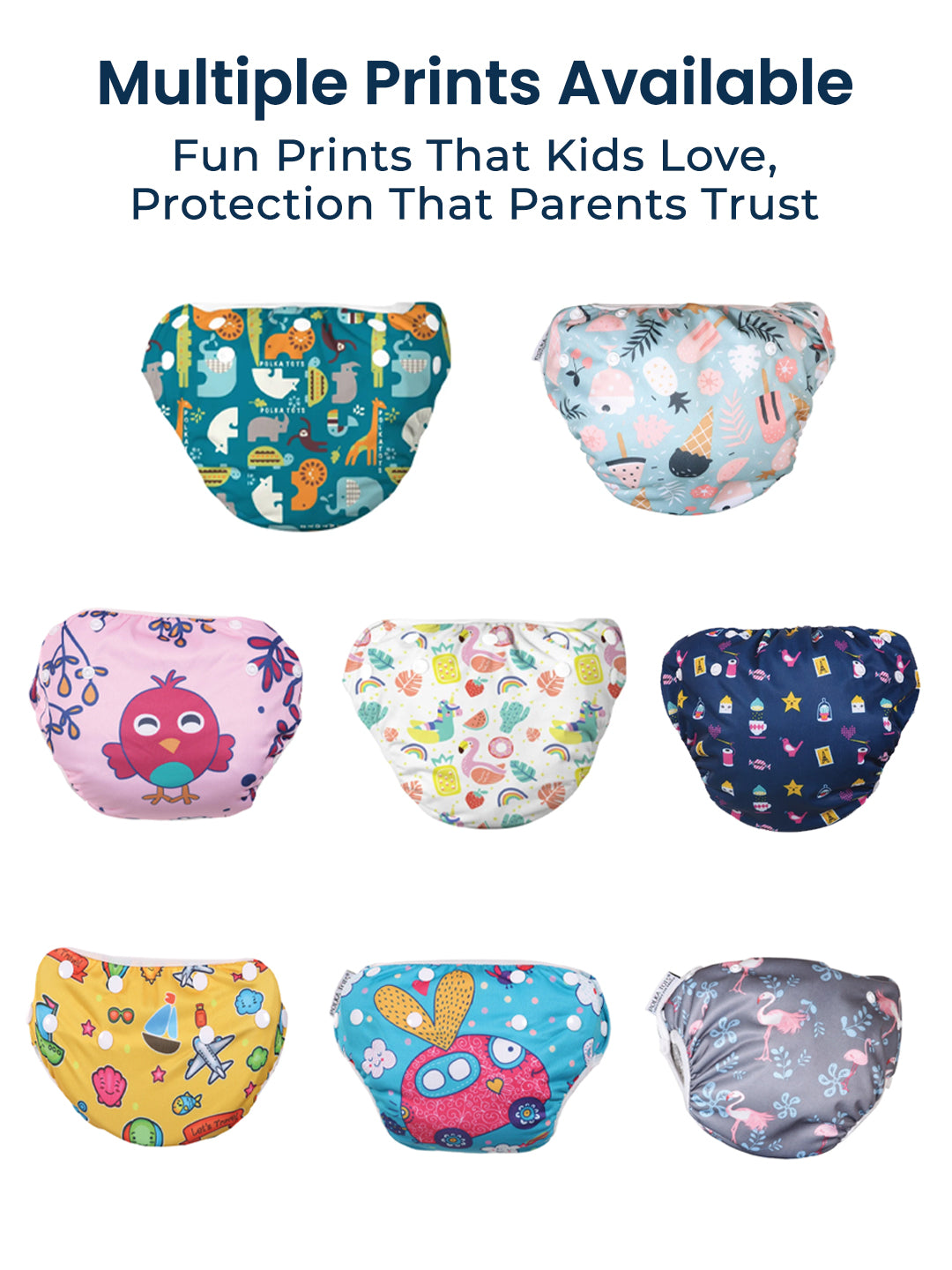 Colorful children's swim diapers with various patterns on a white background.