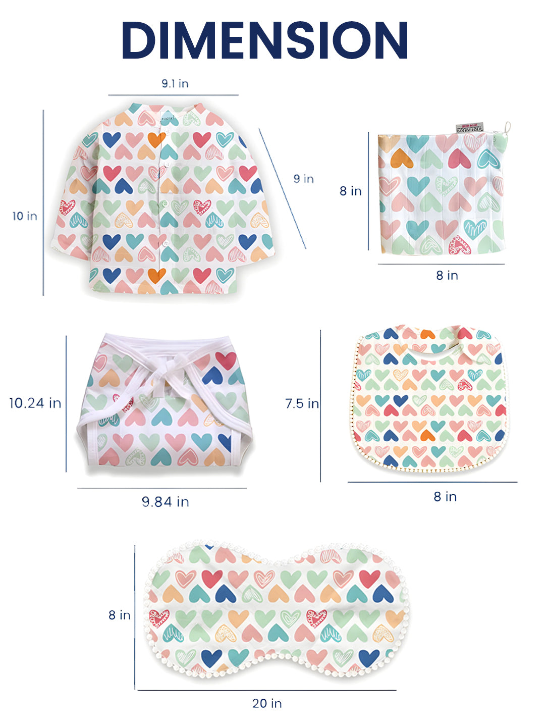 Polka Tots Newborn Pack of 6 100% Soft Double-Layer Muslin Cotton Essentials Gift Box - Mini Hearts Print