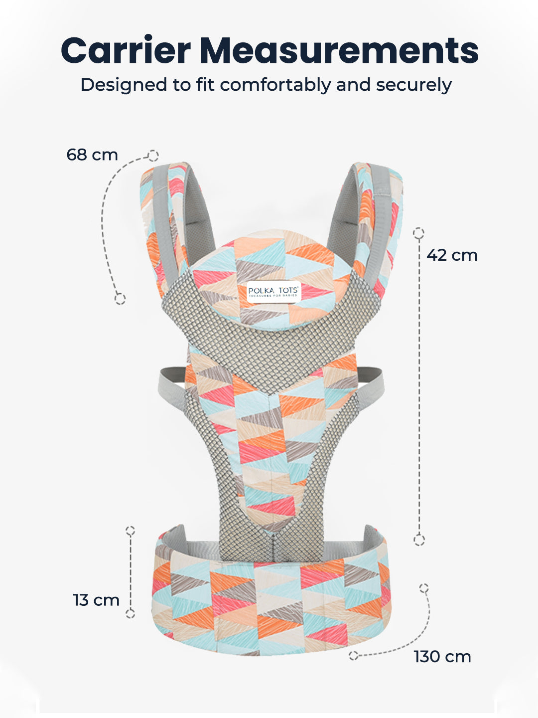 Baby carrier with geometric pattern and measurements on a white background