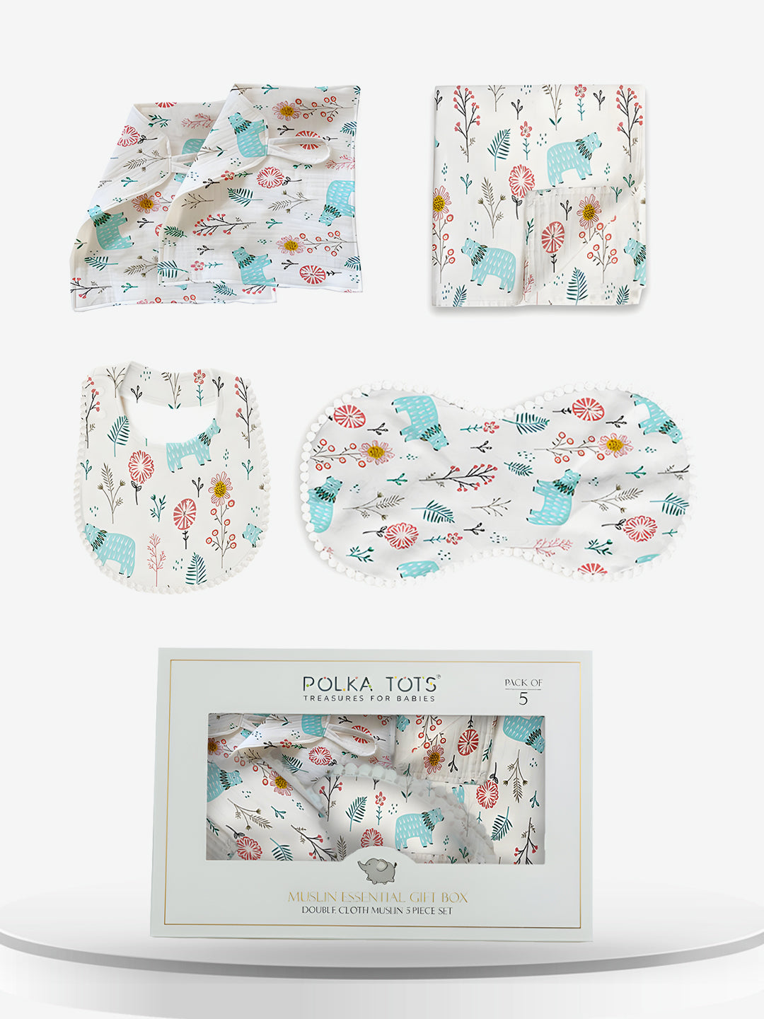Polka Tots Newborn Pack of 5 100% Soft Double-Layer Muslin Cotton Essentials Gift Box – Bloomy Bear Print