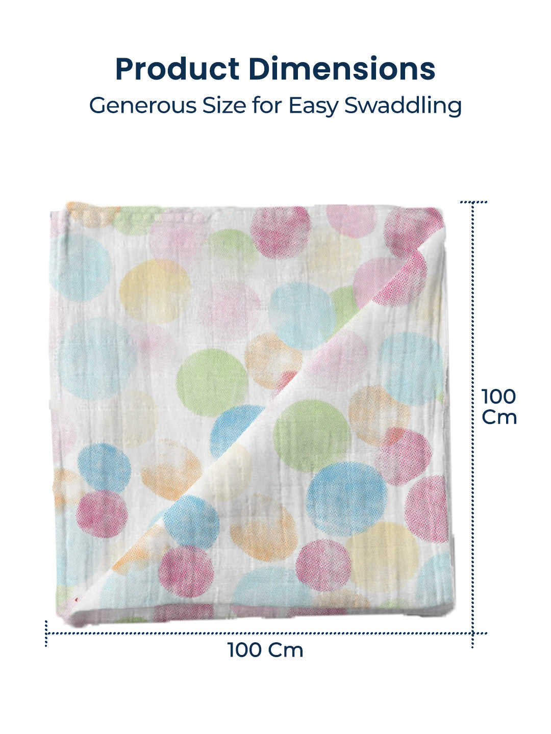 Baby blanket with colorful polka dots and dimensions on a white background