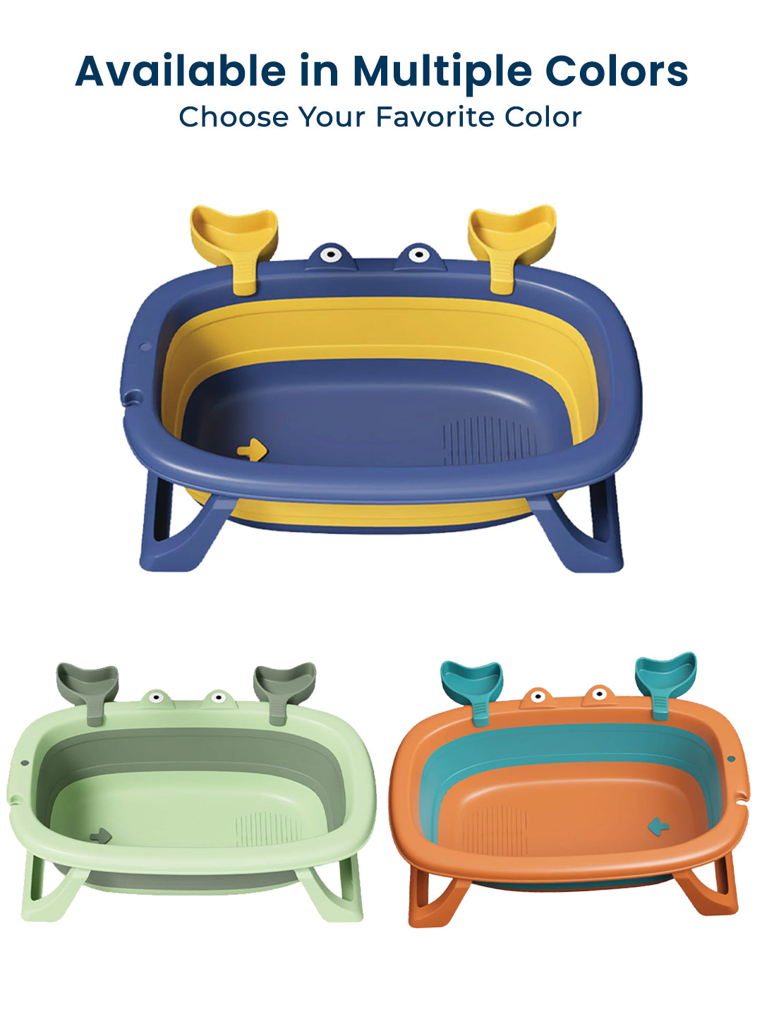 Collapsible baby bathtub in blue, green, and orange with text indicating color options.