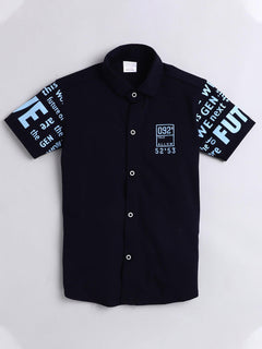 Polka Tots Half Sleeves Text Printed Shirt - Navy Blue
