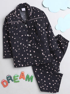 Polka Tots Full sleeve heart print night suit - black