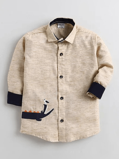 Polka Tots Full Sleeves Crocodile Patch Detailing Kids Shirt - Brown
