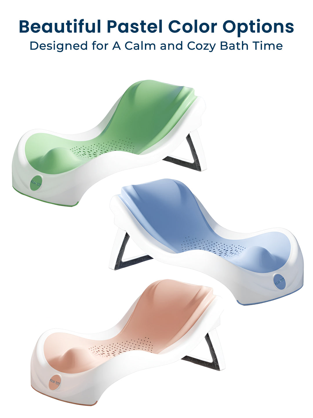 Three pastel-colored bath seats on a white background with text about calming and cozy bath times.