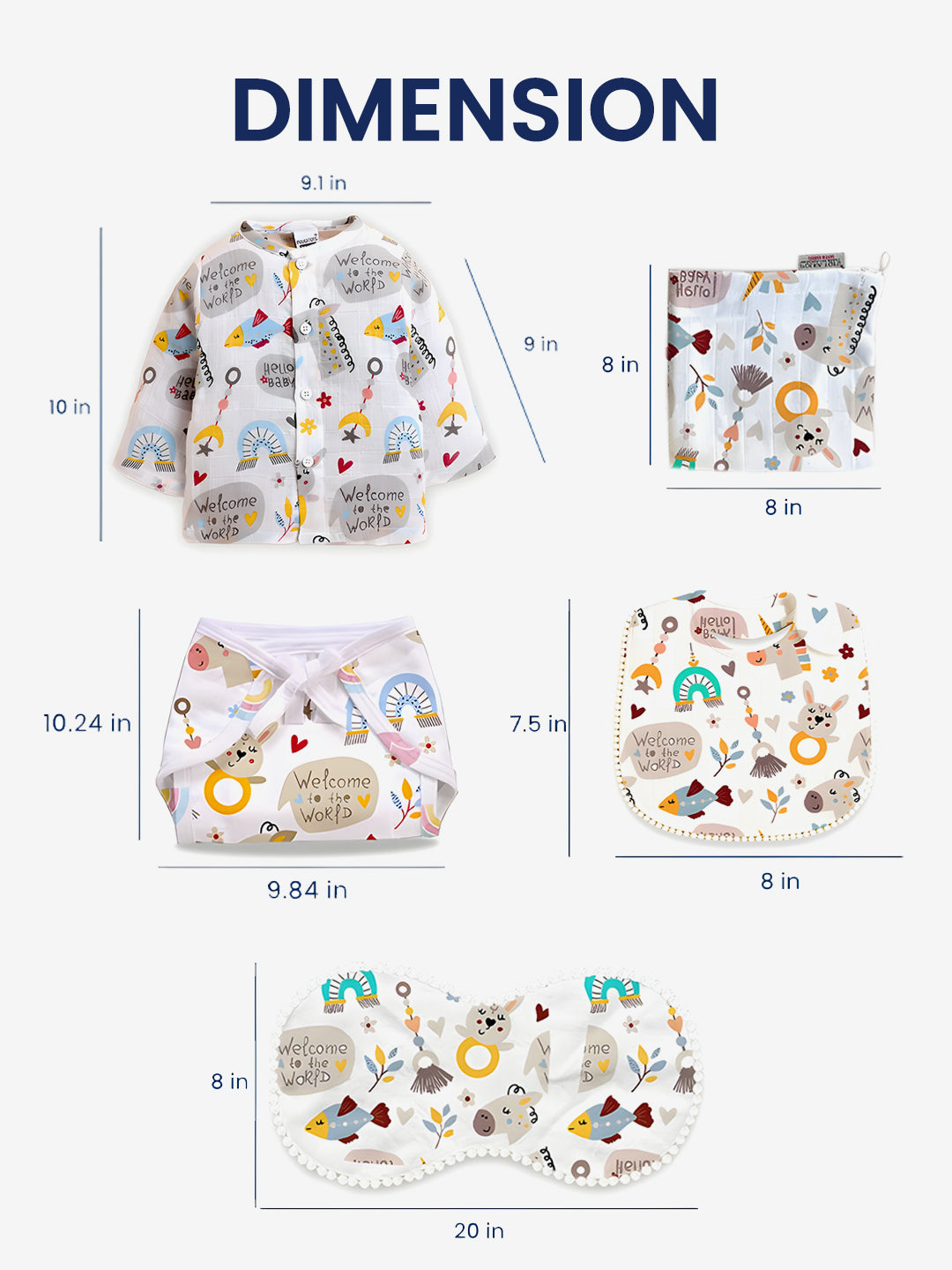 Polka Tots Newborn Pack of 6 100% Soft Double-Layer Muslin Cotton Essentials Gift Box - Hello Baby Print