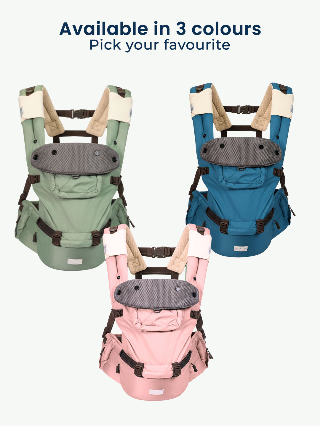 Three baby carriers in green, blue, and pink with text indicating color options.