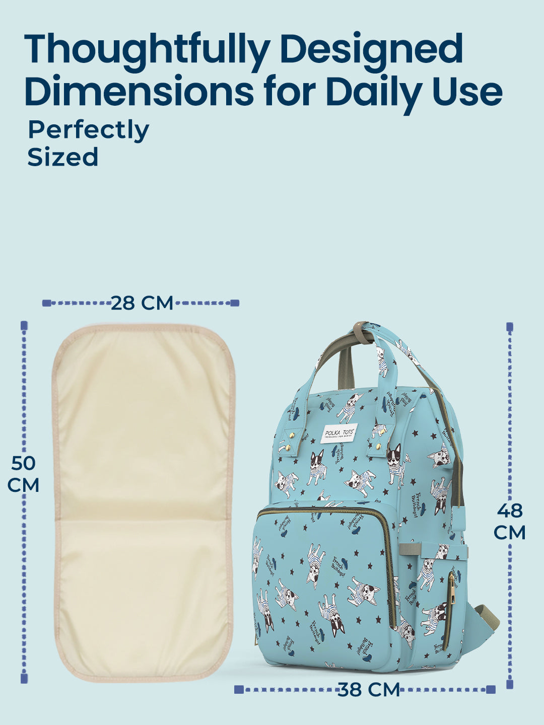 Blue backpack with floral pattern and beige mat with dimensions on a light blue background