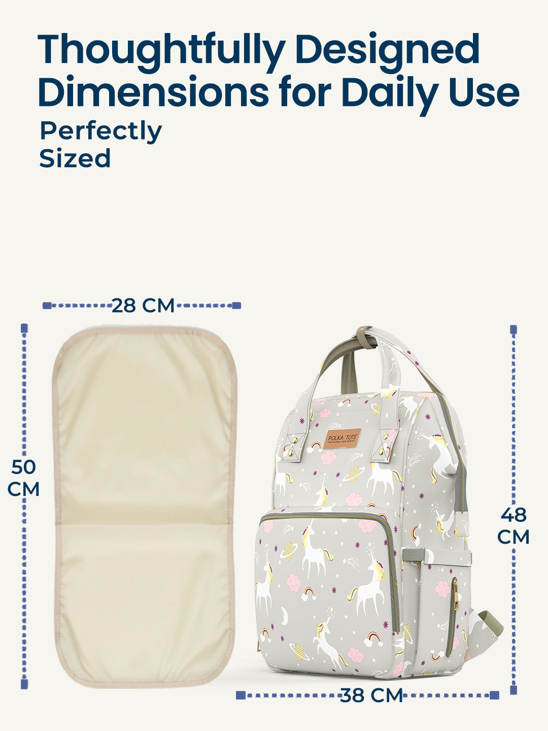 Backpack with dimensions labeled on a white background