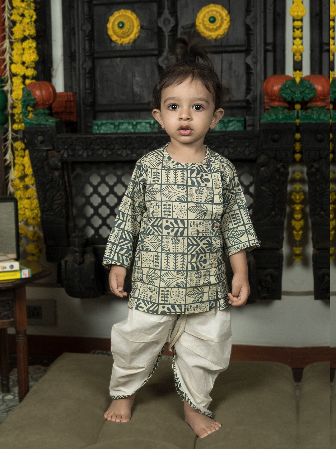 Polka Tots 100% Super Soft Cotton Full Sleeve Geometric Print Angrakha Top With Dhoti Cream Grey