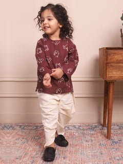 Polka Tots Full Sleeves Birds Embroidery Angrakha with Dhoti - Wine