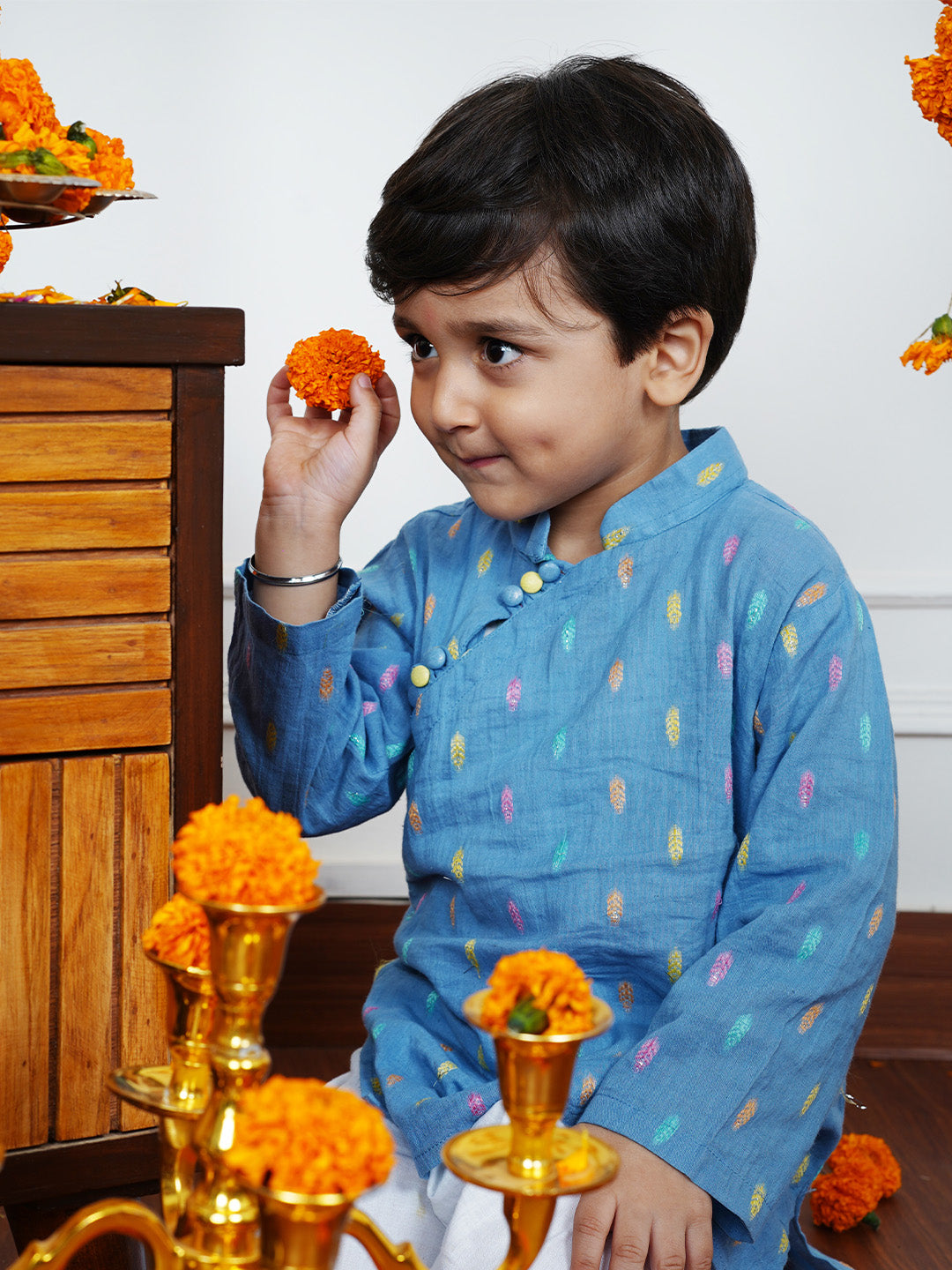 Polka Tots Full Sleeve Leaf embroidery Kurta Pyjama Set - Blue