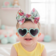 Polka Tots Baby Girls Floral Print Bow Headband with Heart Shaped Sunglasses Set - Aqua